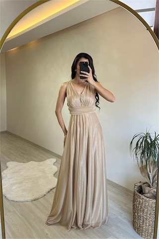 Neşeli Butik Kadın Drapeli Işıltılı Kalın Askılı Abiye Elbise Nm003 Sarı