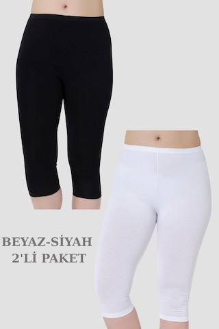 Kadın Diz Altı Kapri Boy Penye Tayt Beyaz - Siyah 2'li Paket Beyaz - Siyah