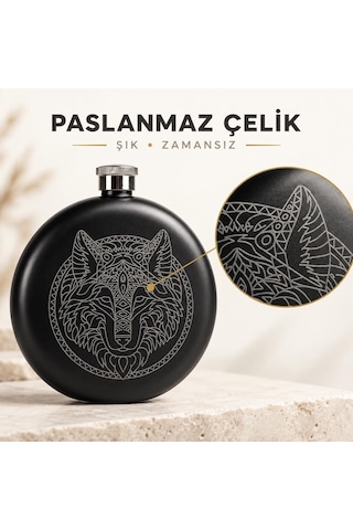Kurt Desenli Paslanmaz Çelik İçki Matarası 240 Ml 8 Oz Cep Matarası Hunili Kamp Outdoor Erkek Hediye Siyah