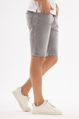 Erkek Yıpratmalı Slim Fit Likralı Kot Jean Şort Gri