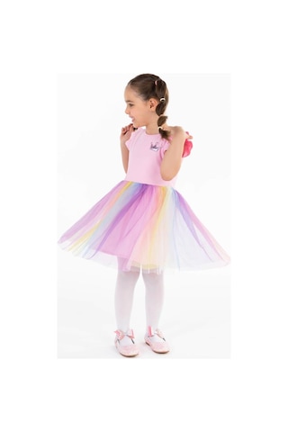 Civil Girls Renkli Tüllü Kaşkorse 4-9 Yaş Elbise Pembe