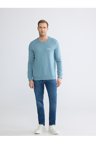 Lcwaıkıkı Classic Mavi Bisiklet Yaka Baskılı Erkek Kalın Sweatshirt