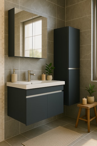 Arista 80 Cm Antrasit Mdf, Seramik Lavabo,alt, Üst Ve Boy Dolaplı Antrasit