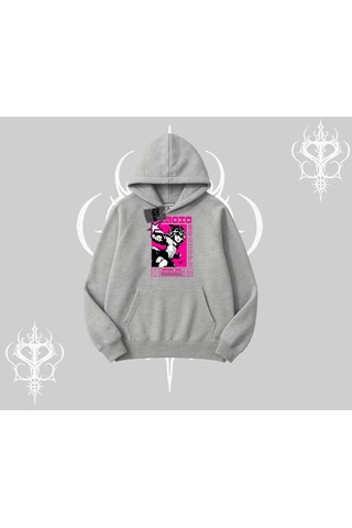 Startmore Kapşonlu Sweatshirt Heroic Anime Girl Japon Stil Grafik Baskılı Gri