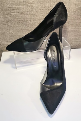 New Angel 853 Kadın Topuklu Şeffaf Detaylı Stiletto Ayakkabı Siyah Saten Siyah