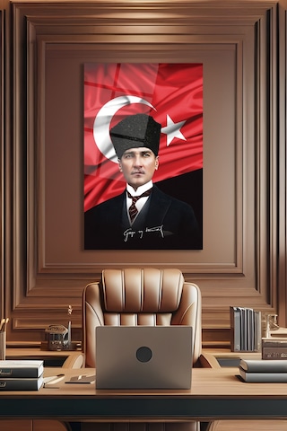 Atatürk Portre Ve Türk Bayrağı Dikey Cam Tablo, Modern Duvar Dekoru , Kurum Ofis İş Hediyelik Tablo