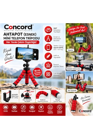 Concord Ahtapot Esnek Mini Telefon Tripodu - 360 Döner Başlıklı - 18 Cm Vlogging & Tiktok Çekim Ayak Kırmızı Katlanabilir