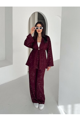 Kadın Simli Uzun Kol Modal Kumaş Kimono Pantolon İkili Takım Şık Ve Rahat Kadın Takım Bordo