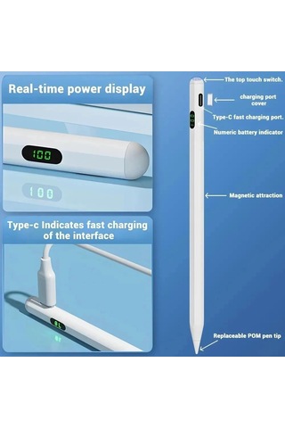 Lexroo Universal Dokunmatik Stylus Kalem Led Göstergeli Manyetik Gövdeli Type-c Şarjlı Hassas Uçlu Standart