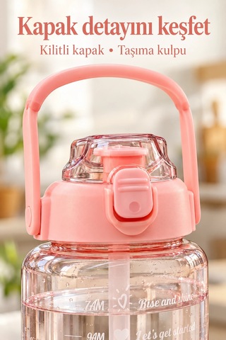 Madamev 3lü Motivasyonel Suluk Matara Seti 2000+750+280ml Pipetli Sticker Askılı Spor Okul Su Şişesi Pembe
