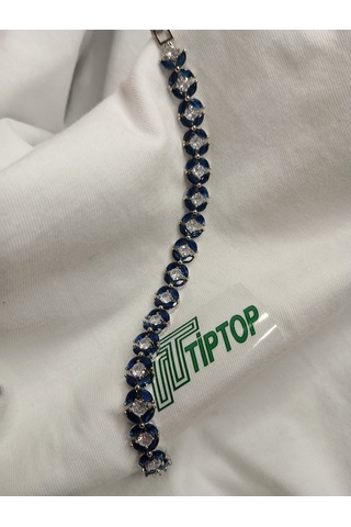 Tiptop/ Rodyum Kaplama 3mm Kare Mavi Zirkon Taşlı Su Yolu Bileklik Gümüş