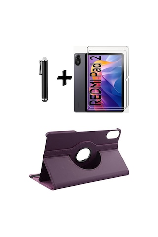 Xiaomi Redmi Pad 2 11 Inç 2025 360 Dönebilen Standlı Tablet Kılıfı Ekran Koruyucu Ve Kalem Seti Kapaklı Kılıf