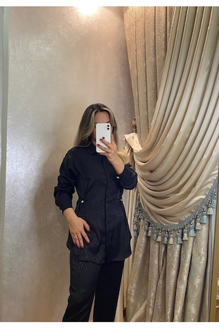 İlayla Siyah Desenli Saten Takım