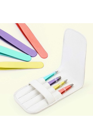 Valkyrie Deri Çantalı Eğimli Kaş Cımbız Seti Beyaz 4'lü