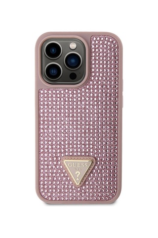 Apple Uyumlu iPhone 15 Pro Kılıf Guess Lisanslı Taşlı Arka Yüzey Üçgen Logolu Kapak Siyah