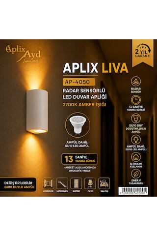 Liva Ap-4050a Radar Sensörlü Led Duvar Apliği 2700k Amber Işık Beyaz Kasa Gu10 Duylu İç Mekan Aydınlatma Amber Rengi
