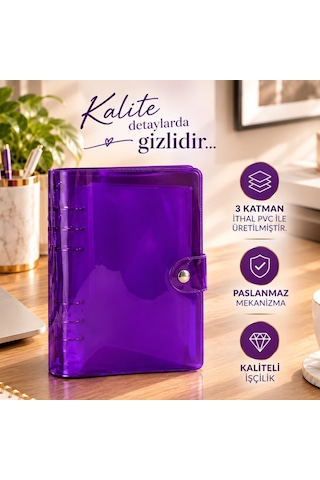 Birikim Ajandası - Birikim Cüzdanı Bütçe Planlayıcı Ajanda Şeffaf Mor Mekanizmalı 5 Adet Fermuarlı Dosya Birikim Kartı Hediyeli Şeffaf - Mor