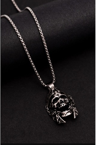 Osmanlı Gümüş Savaşçı Kuru Kafa Figürlü Erkek Çelik Kolye