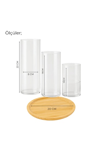 Dekoratif 4'lü Set, Bambu Sunumluk Ve 3'lü Mumluk Seti, Isıya Dayanıklı Borosilikat Cam Mumluklar Ahşap