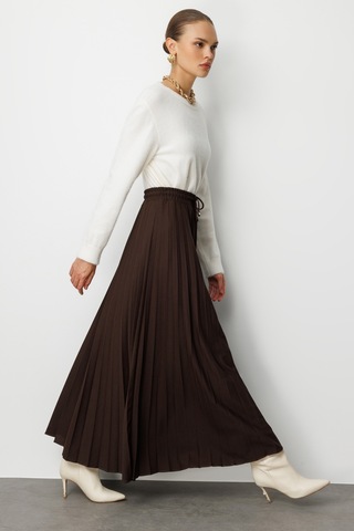 Mizalle Örme Krep Piliseli Maksi Kahverengi Etek Kahverengi