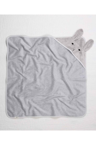 Cigit Kulaklı Tavşan Nakışlı Bebek Banyo Havlusu 75x75 Cm Gri 75 x 75