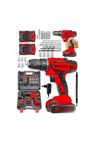 Schatz Pro 12v 1.5 Ah Darbeli Çelik Şanzıman Çift Akülü Bakır Sargılı Şarjlı Vidalama Matkap 24 Pcs Kırmızı -