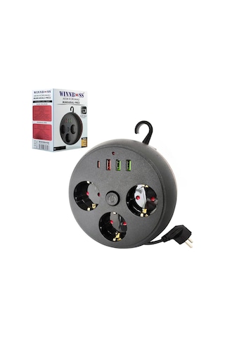 Wınboss 3395 Akım Korumalı Makaralı 2m Kablolu 3 Prizli 3 Usb 1 Type-c Priz 2m