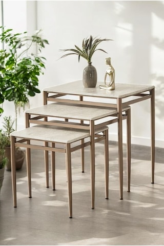 Bazal Serisi Traverten Desen 1. Sınıf Mebran Mdf 3 Lü Zigon Sehpa Takımı Bronz Ayak Çok Renkli