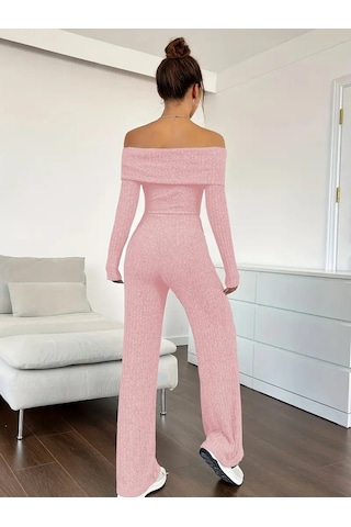 Ge Ticaret Kadın Uzun Kollu Madonna Yaka Şardonlu Kaşkorse Tulum Pembe