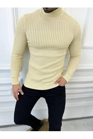 Kazak Slim Fit Tüylenmez Naturel Pamuk Triko Boğazlı Balıkçı Yaka Kazak Krem