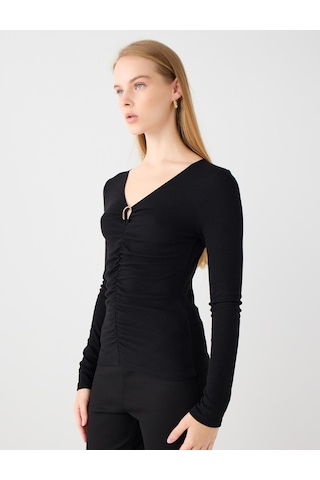 Jimmy Key Jimmy Key Siyah V Yaka Uzun Kollu Büzgü Detaylı Örme Bluz 5ww035626900