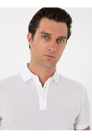 Beyaz Slim Fit Polo Yaka Pamuklu Basic T-shirt