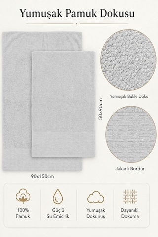 2 Parça Banyo Havlu Seti %100 Pamuk 90x150 + 50x90 Cm Elora Collection Açık Gri