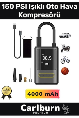 Premium Kablosuz Oto Araç Mini 4000mah Powerbank 150 Psı Işıklı Aydınlatmalı Oto Hava Kompresörü