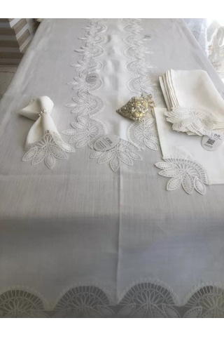 Gees Global Sofra Takımı Lady Gardenya Keten Yemek Takımı 160x220 Masa Seti 26 Parça Runner Set Krem Gbzs