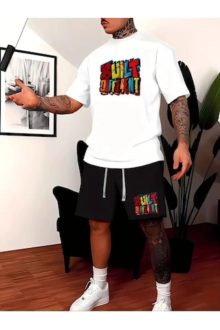 Startmore Erkek Beyaz''renkli Built Different Baskılı'' Basic Oversize T-shirt- Şort Takım Strup0000000000014 Beyaz