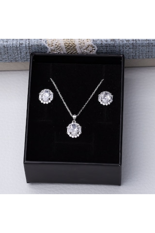 5-8 Mm Oval Zirkon Taşlı 925 Ayar Gümüş Kadın 2'li Set Gümüş