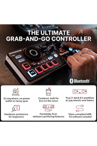 Numark Mixtrack Go Kompakt Bluetooth Dj Controller 2 Deck, Stems Kontrolü, Smart Fader, Kapasitif Dokunmatik Jog Wheel, Usb-c, Serato Dj Lite & Algoriddim Djay Dahil, Taşınabilir Dj Mikseri