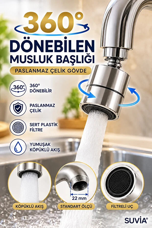 Musluk Başlığı 360 Döner Paslanmaz Çelik Su Tasarruflu Filtreli Perlatör Musluk Ucu 1 Adet