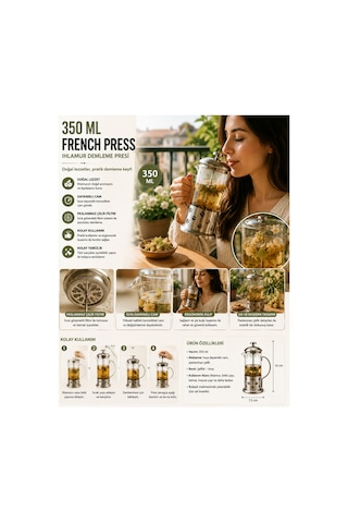350 Ml French Press Cam Gövdeli Paslanmaz Çelik Filtreli Kahve Ve Bitki Çayı Demleme Presi Gümüş