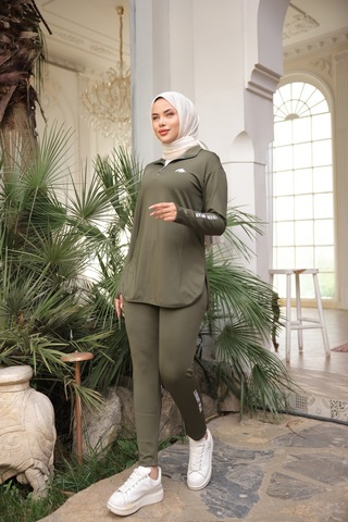 Mimi Luxury Wear Haki Kadın Fermuarlı Dalgıç Kumaş Standart Kalıp Jogger Eşofman Takımı 358