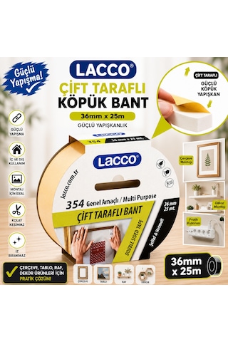 Lacco Çift Taraflı Köpük Bant 36 Mm X 25 M Güçlü Yapışkanlı Montaj Bandı Çok Amaçlı Beyaz 1 Adet