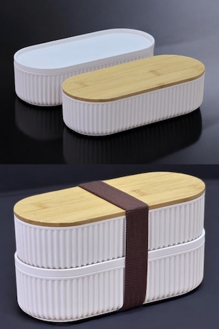 Makri Home 2 Adet 2'li Bambu Kapaklı Saklama Ve Beslenme Kutusu 2 Katlı, 20 X 9 X 5,5 Cm Şeffaf