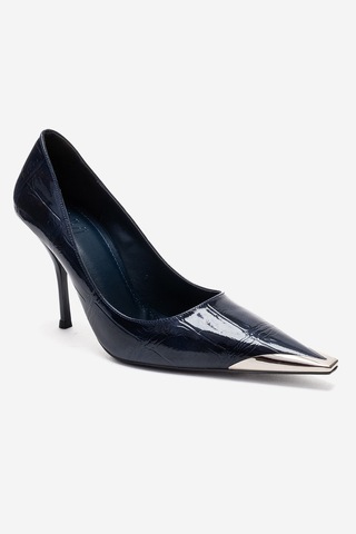 Luvishoes Alvena Lacivert Baskı Önü Metal Detaylı Kadın Topuklu Ayakkabı Lacivert