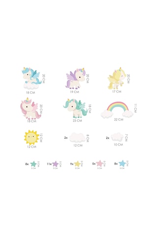 Rengarenk Unicornlar Ve Gökkuşağı Duvar Sticker Seti - Güneş, Yıldızlar Ve Bulutlar Çocuk Odası