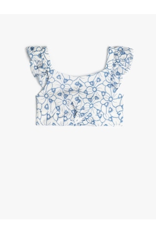 Koton Crop Bluz Askılı Fırfırlı Çiçek Desenli Fisto Detaylı Mavi 4skg60051aw Mavi