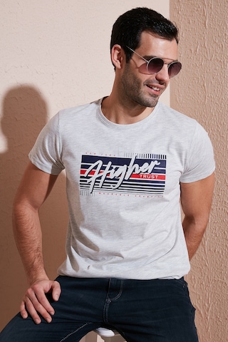 Buratti Pamuklu Slim Fit Bisiklet Yaka Baskılı Erkek T Shirt 541Higher Açık Melanj