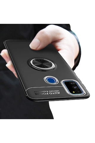 Samsung Galaxy Uyumlu M21 Kilif Yüzüklü Tam Korumali Silikon Kapak Siyah