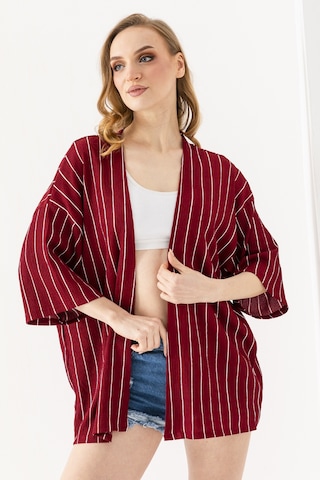 Giysa Kadın Yarım Kol Çizgili Bürümcük Kimono Bordo - 254406 Bordo