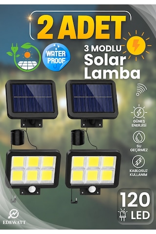 2 Adet 120 Cob Led Solar Panel Güneş Enerjili 3 Mod Duvar Lambası Bahçe
